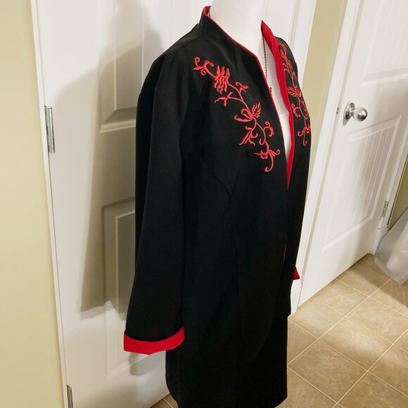 PENNINGTONS Black red floral embroidered open-front mandarin collar jacket 1X 2X - Picture 5 of 14